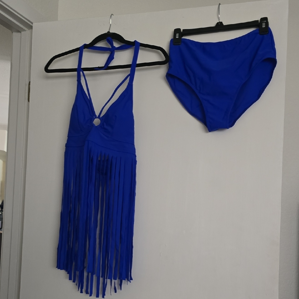 Blue Fringe Two Piece Swimsuit Sz Small